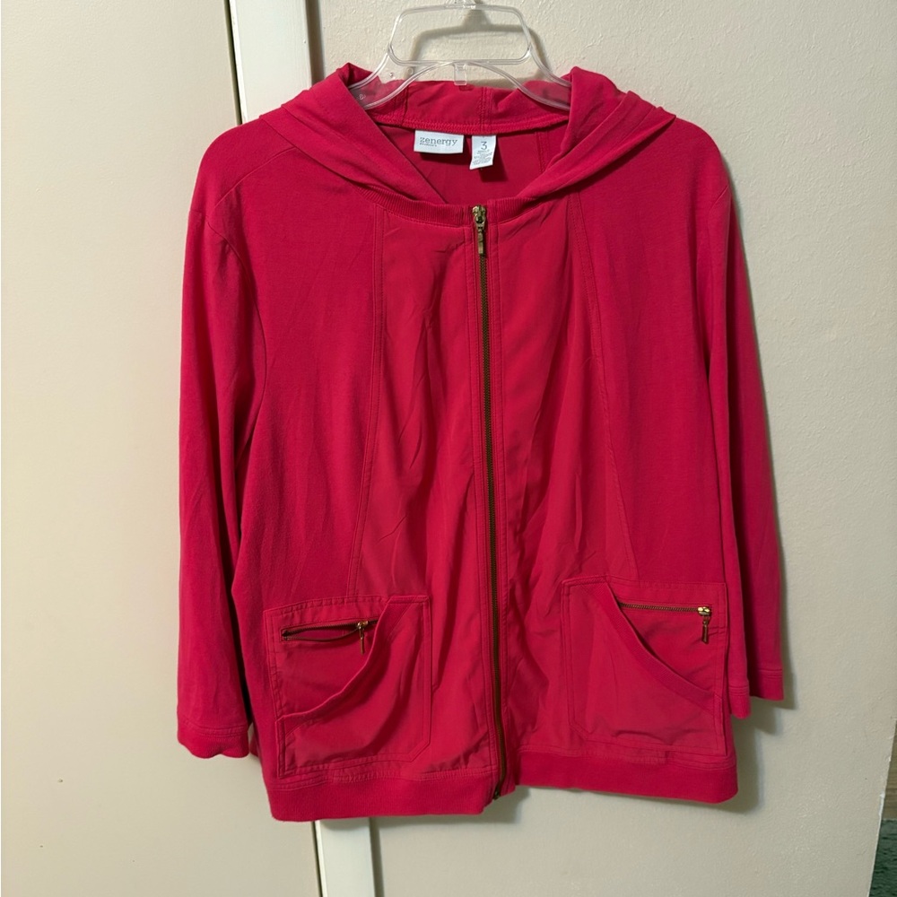 Chicos Zenergy Hot Pink Full Zip Hooded Jacket Poly/Spandex Sz 3 US XL Zip Pocke